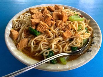 High angle view of food in bowl on table