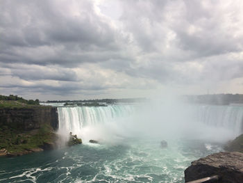Scenic view of waterfall against sky
