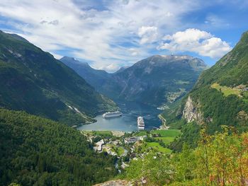 High angle view of plants and mountains against sky