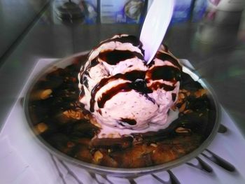 Close-up of served ice cream in plate