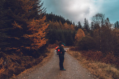 Rear view of woman photographing on road in forest