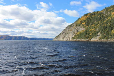 Scenic view of saguenay river and mountains against blue sky