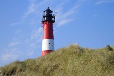 Lighthouse on field against sky