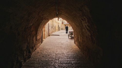 Rear view of man walking in alley