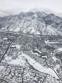 Scenic view of snow covered mountains against sky