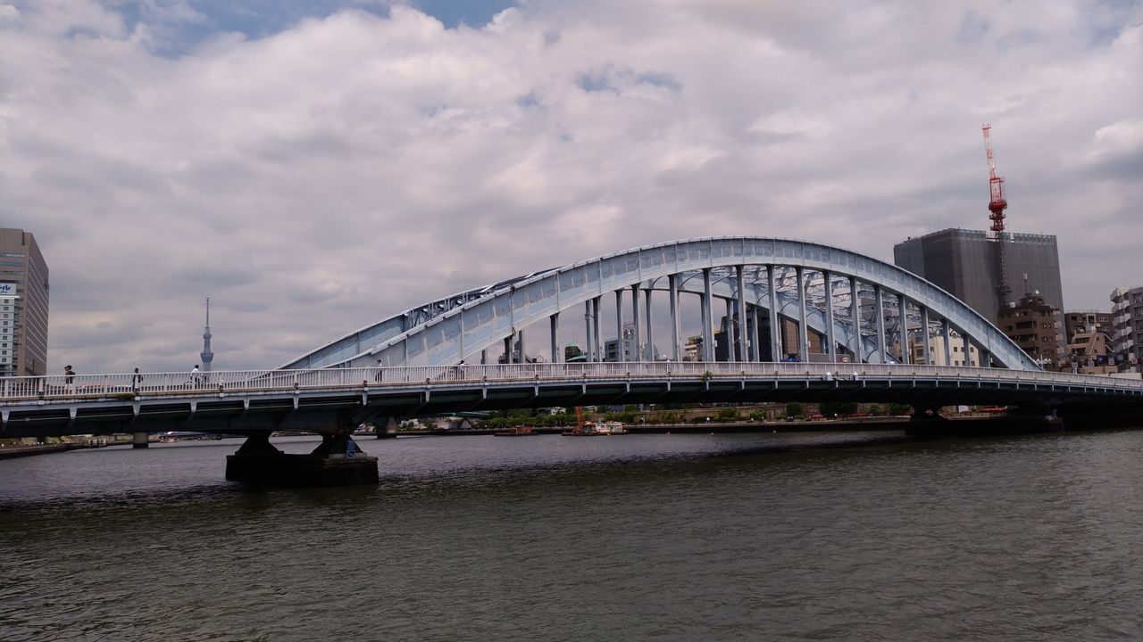 BRIDGE OVER RIVER WITH CITY IN BACKGROUND