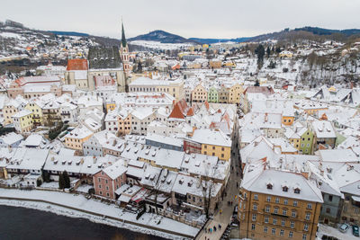 High angle view of townscape against sky during winter