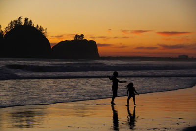 Silhouette of people on beach at sunset