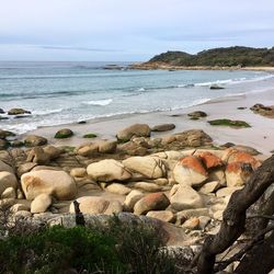 Rocks on beach against sky