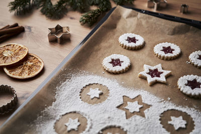 High angle view of cookies on table