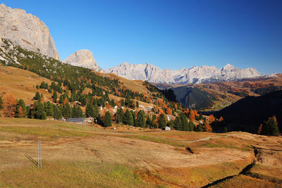 Scenic view of landscape and mountains against clear blue sky