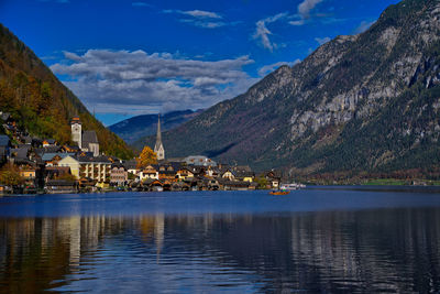 Scenic view of lake and mountains against sky