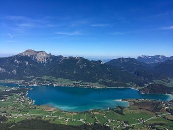 Scenic view of sea and mountains against sky