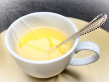 High angle view of tea in bowl on table