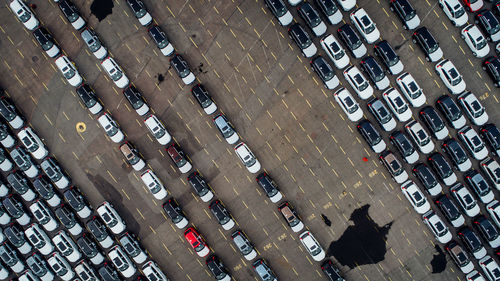 High angle view cars on ferry