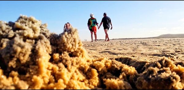 Rear view of people walking on beach