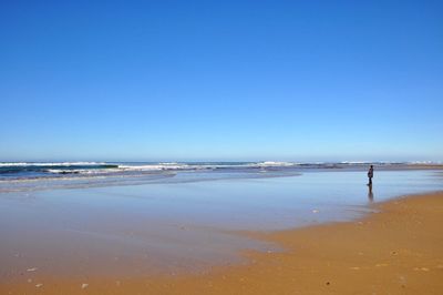 Scenic view of beach against clear blue sky