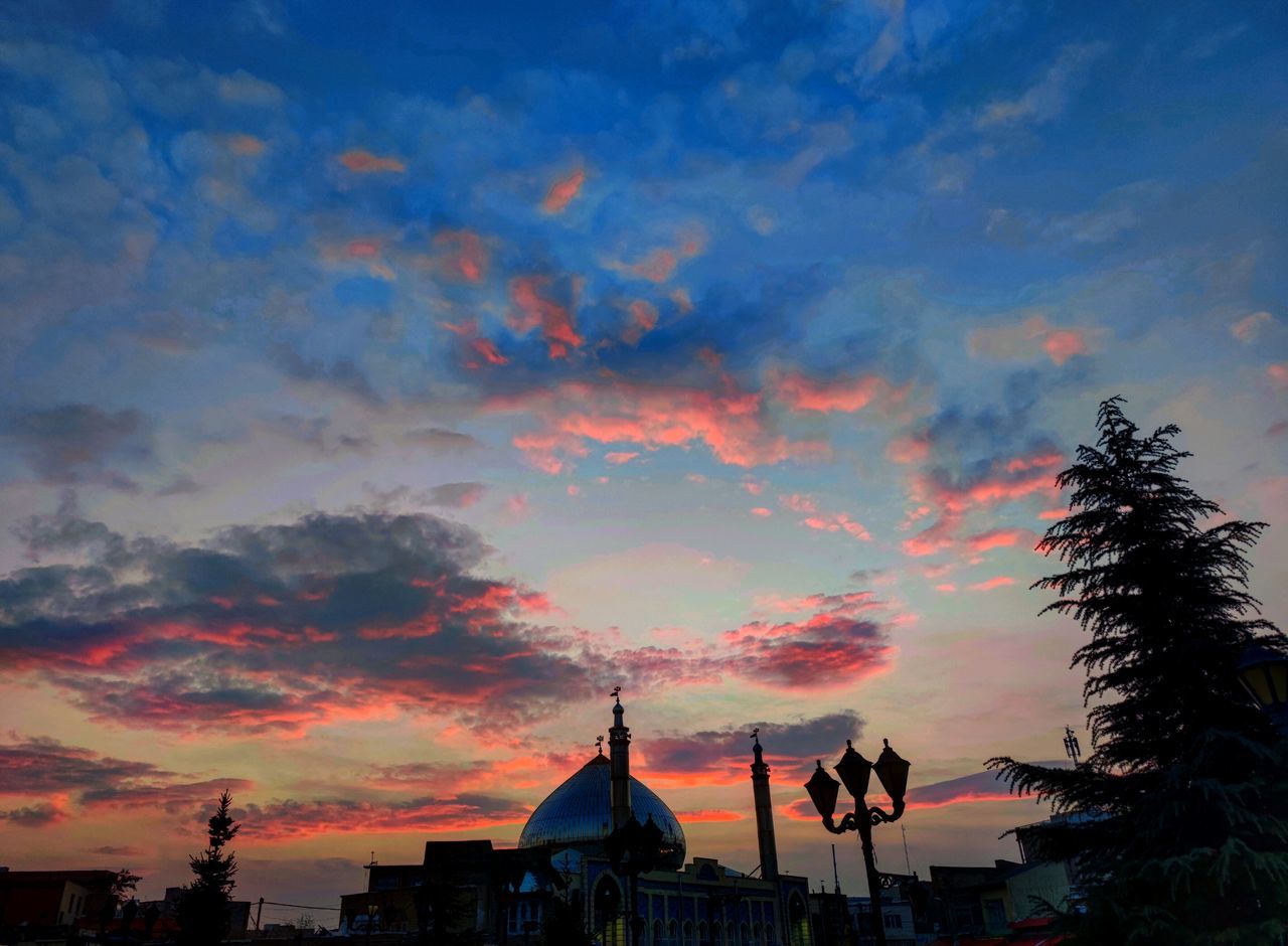 sky, architecture, sunset, cloud, evening, dusk, built structure, afterglow, building exterior, nature, horizon, building, travel destinations, tree, city, religion, no people, silhouette, beauty in nature, plant, red sky at morning, outdoors, multi colored, place of worship, belief, scenics - nature, travel, sunlight, landscape