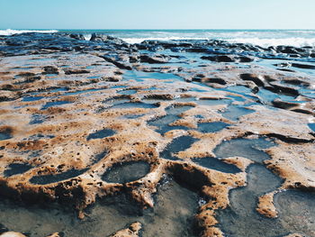 Aerial view of sea shore against sky