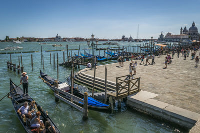 High angle view of boats moored in sea