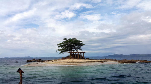 Tree on small island amidst sea against cloudy sky