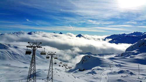 Overhead cable cars at snow covered landscape