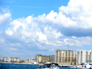 Buildings against cloudy sky