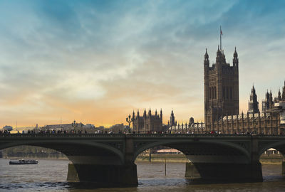 Bridge over river with buildings in background