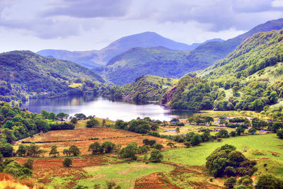 Scenic view of lake and mountains against sky