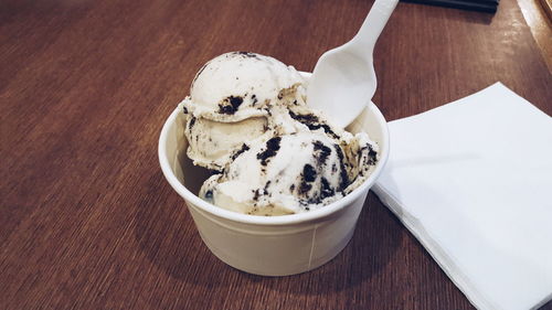 Close-up of ice cream in bowl on table