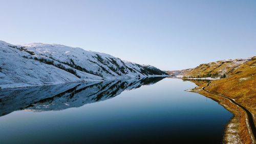 Scenic view of snowcapped mountain against clear sky