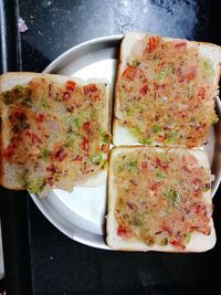 High angle view of pizza in plate