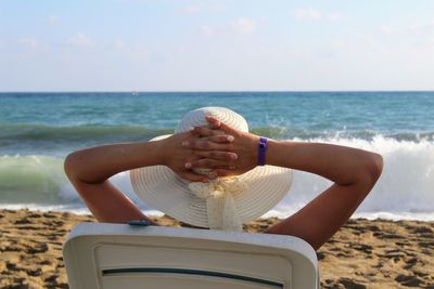 Woman with hands on beach against sky