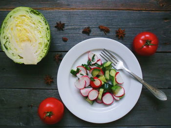 Directly above shot of fruits in plate on table