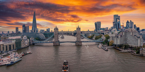 Aerial panoramic cityscape view of london tower bridge and the river thames