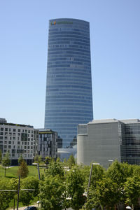 Low angle view of modern buildings against clear sky