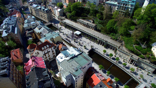 High angle view of people in city