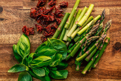 High angle view of vegetables on table