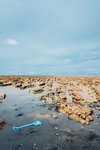 Scenic view of beach against blue sky