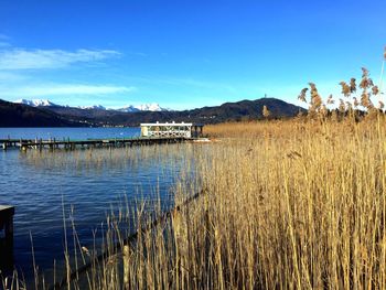 Scenic view of lake against blue sky