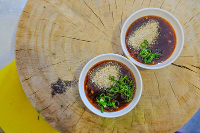 High angle view of soup in bowl on table