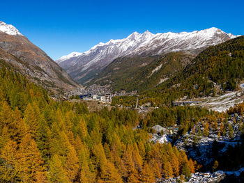 Scenic view of snowcapped mountains and larch forest against sky