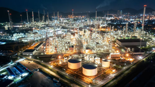 High angle view of illuminated cityscape at night