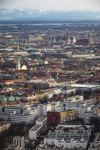 High angle view of illuminated buildings in city against sky