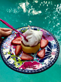 Midsection of person holding ice cream in plate