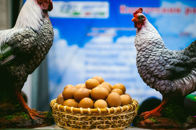 Close-up of chicken sculptures by eggs in basket at table