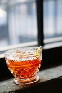 Close-up of beer in glass on table