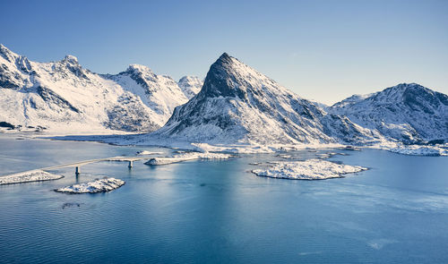 Aerial view of a bridge and snow-capped mountains in the lofoten islands.