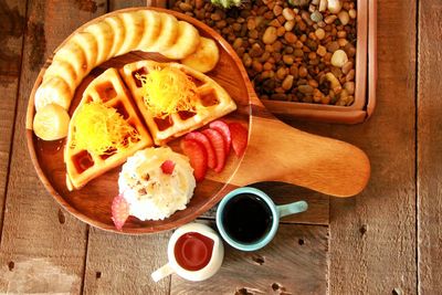 High angle view of breakfast on table