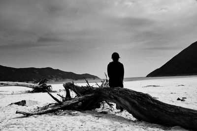 Rear view of man on beach against sky